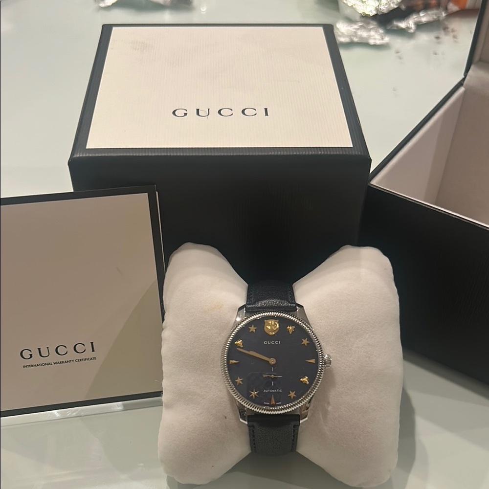 GUCCI 
Stainless Steel Calfskin 40mm G-Timeless Charm Automatic Watch Navy